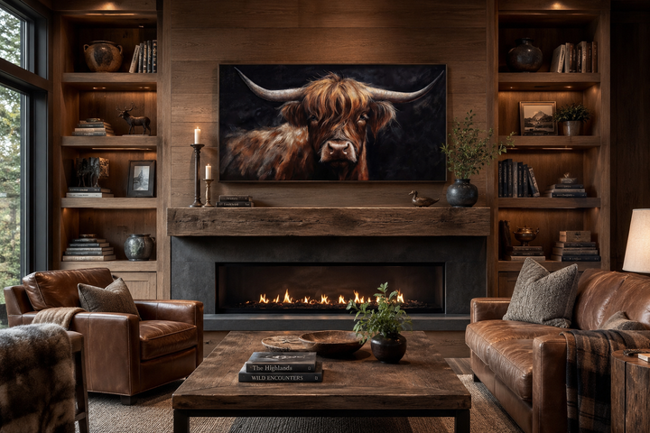 Highland cow on black background framed canvas wall art above a rustic fireplace in a living room.