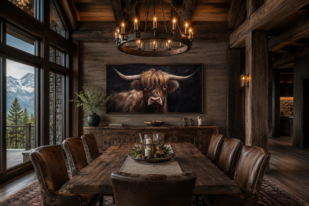 Highland cow on black background framed canvas wall art in a rustic dining room with mountain views.