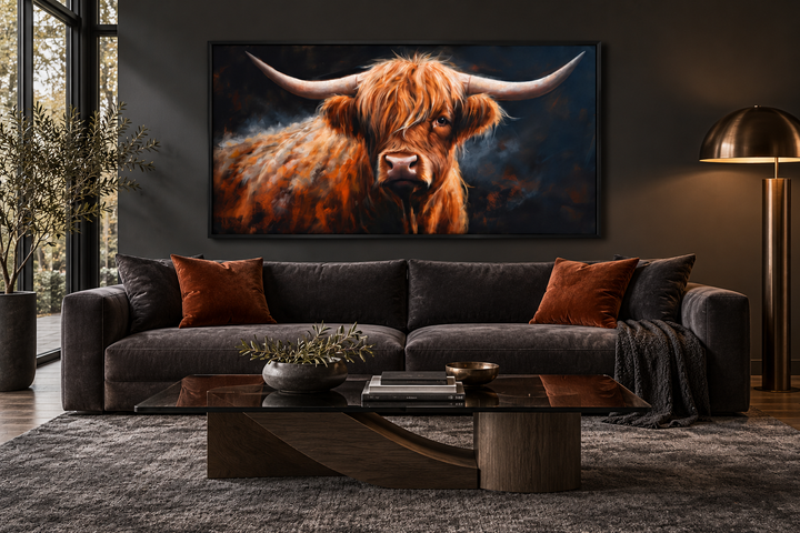 Framed canvas wall art of a brown Highland cow on a dark background in a modern living room.