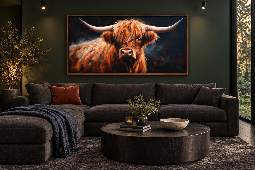 Brown Highland cow framed canvas wall art hanging above a dark sofa in a modern living room.