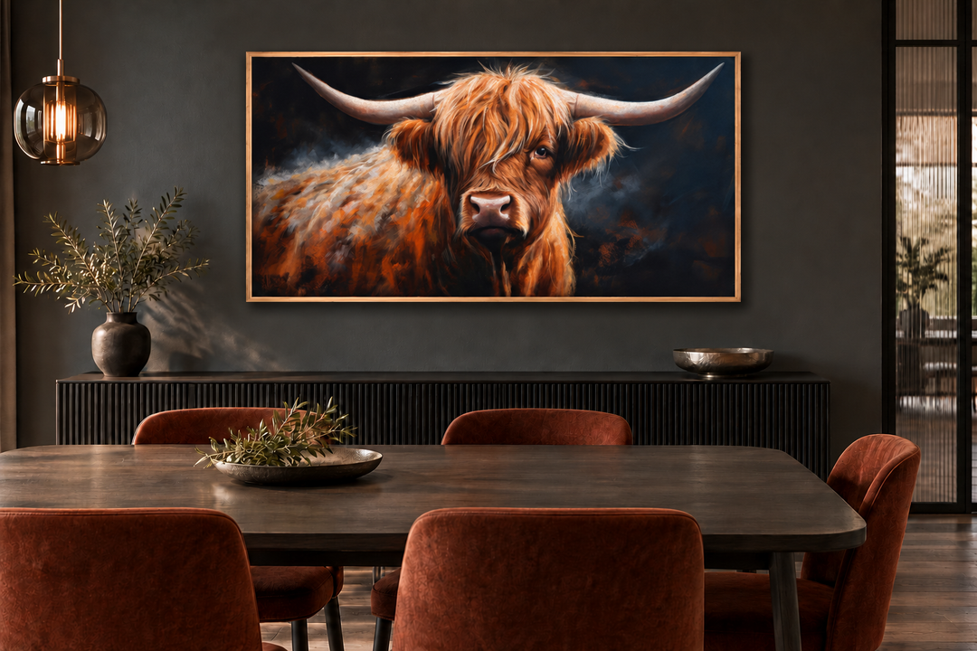 Framed canvas wall art of a brown highland cow on a dark background in a modern dining room.