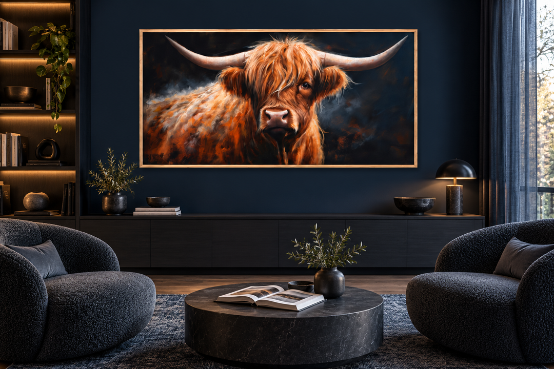 Framed canvas wall art of a brown highland cow with long horns on a dark, moody background.