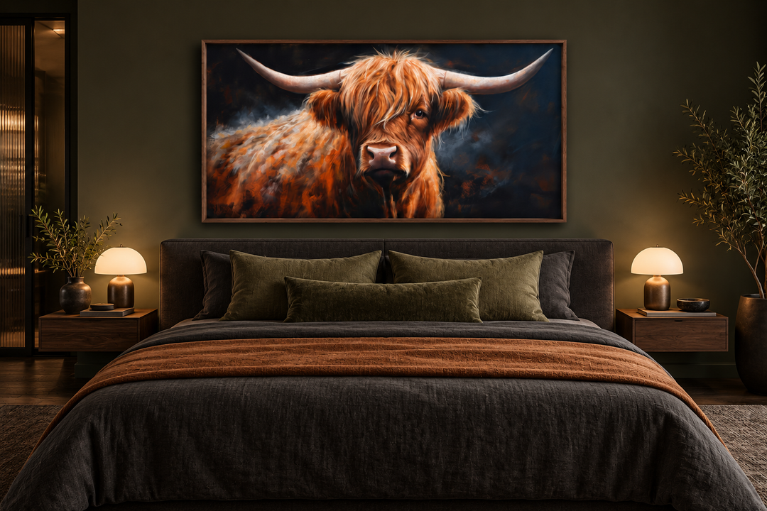 Brown Highland Cow on dark background framed canvas wall art hanging above a bed in a modern room.
