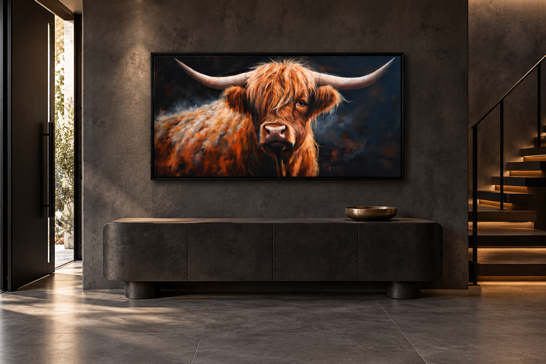 Brown Highland cow framed canvas wall art hanging above a dark sideboard in a modern entryway.
