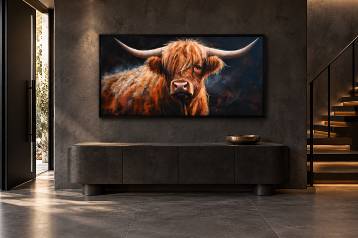 Brown Highland cow framed canvas wall art hanging above a dark sideboard in a modern entryway.