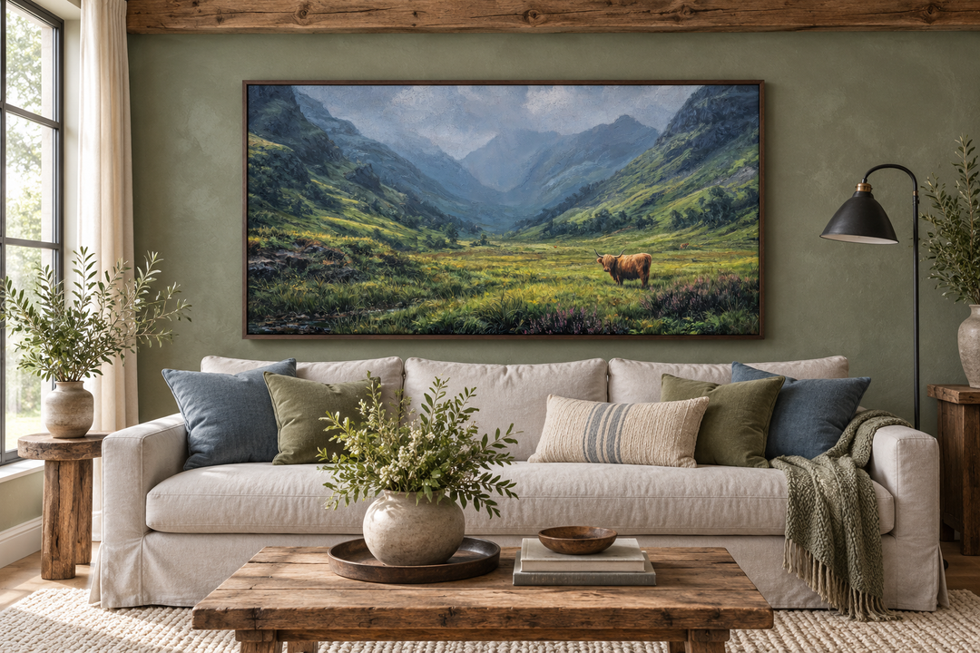 Highland cow in a green Scottish valley wall art above a sofa in a rustic farmhouse living room.