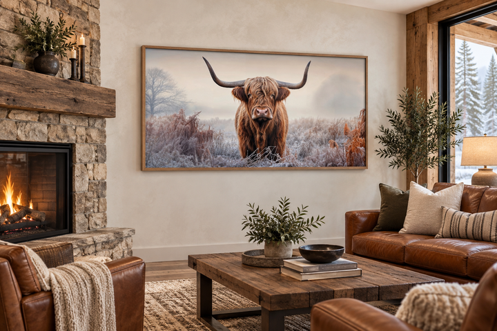 Framed sepia-toned canvas wall art of a Highland cow in a misty field above a living room fireplace.