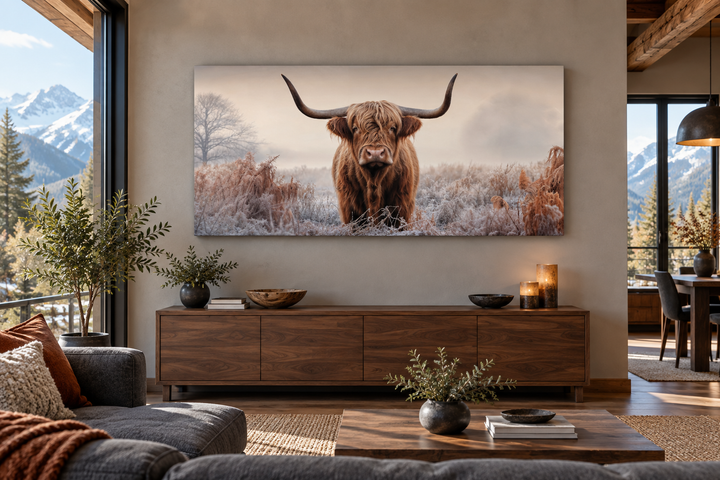 Highland cow sepia photograph style framed canvas wall art above a wooden sideboard in a living room