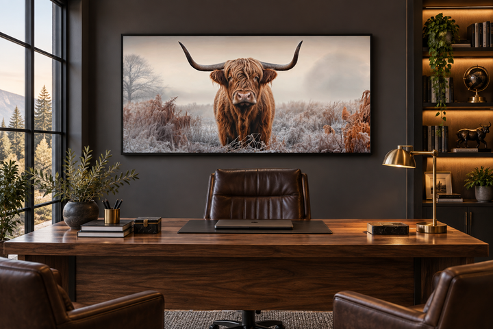 Highland Cow in the Field sepia photograph style framed canvas wall art in a home office setting.