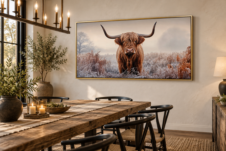 Highland Cow In The Field Sepia Photograph Style Framed Canvas Wall Art in a rustic dining room.