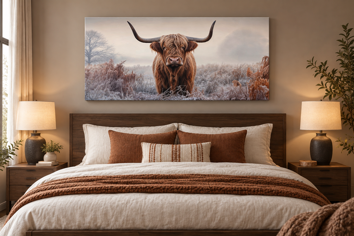 Highland Cow in the Field sepia photograph style framed canvas wall art above a bed.