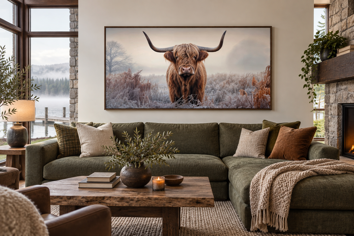 Highland Cow in the Field sepia photograph style framed canvas wall art above a green sofa.