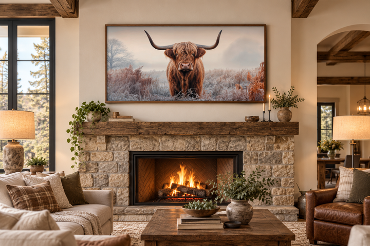 Framed sepia Highland cow photograph canvas wall art hanging above a stone fireplace in a living room.