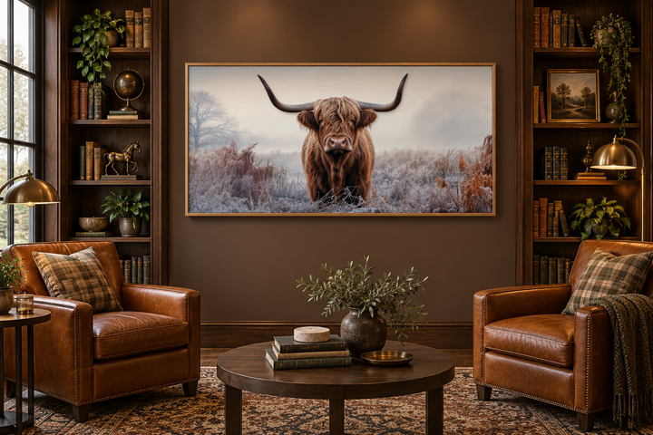 Sepia-toned framed canvas wall art of a Highland cow in a misty field, hung in a cozy library.