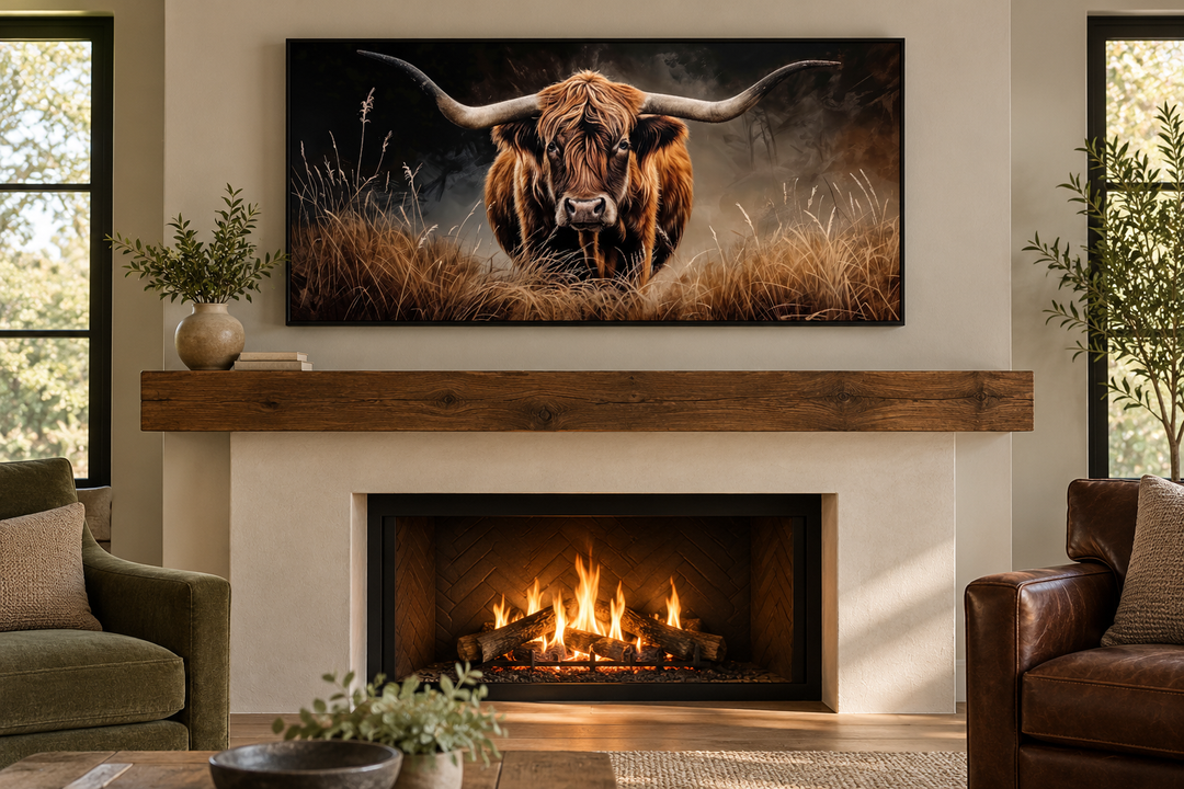 Framed highland cow canvas wall art displayed above a rustic wooden fireplace mantel.