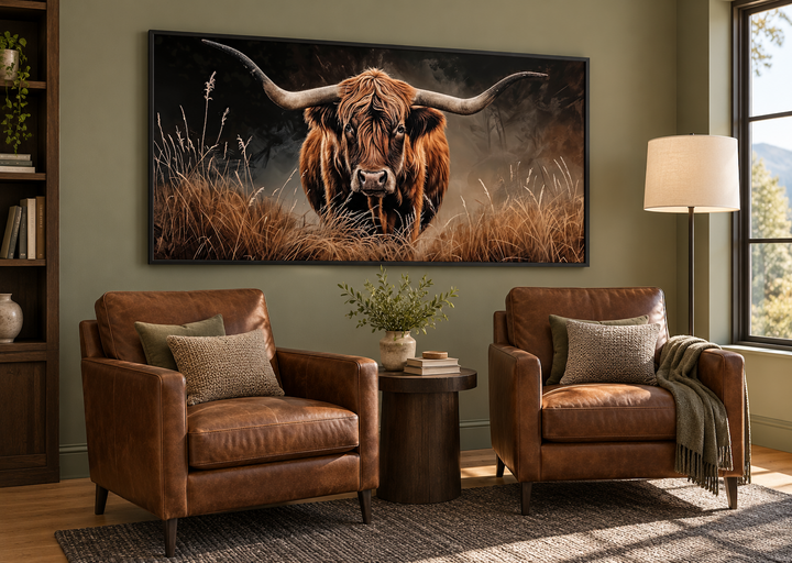 Framed canvas painting of a shaggy Highland cow in a rustic living room with leather armchairs.
