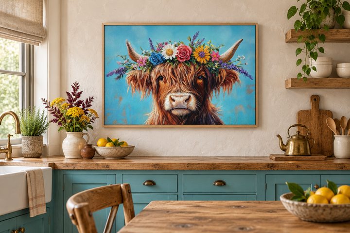 Highland cow canvas wall art with a floral wreath on a turquoise background in a farmhouse kitchen.
