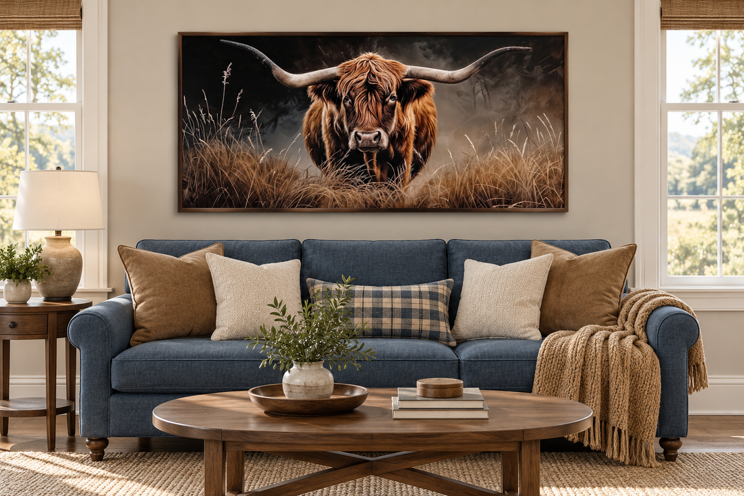 Framed canvas painting of a shaggy Highland cow in a field, hung above a blue sofa in a living room.