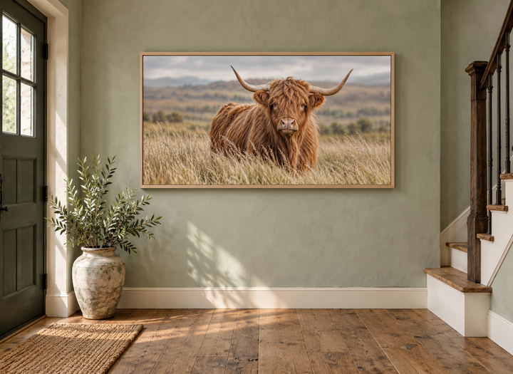 Highland Cow In Grass Field Photography Framed Canvas Wall Art in a rustic entryway.