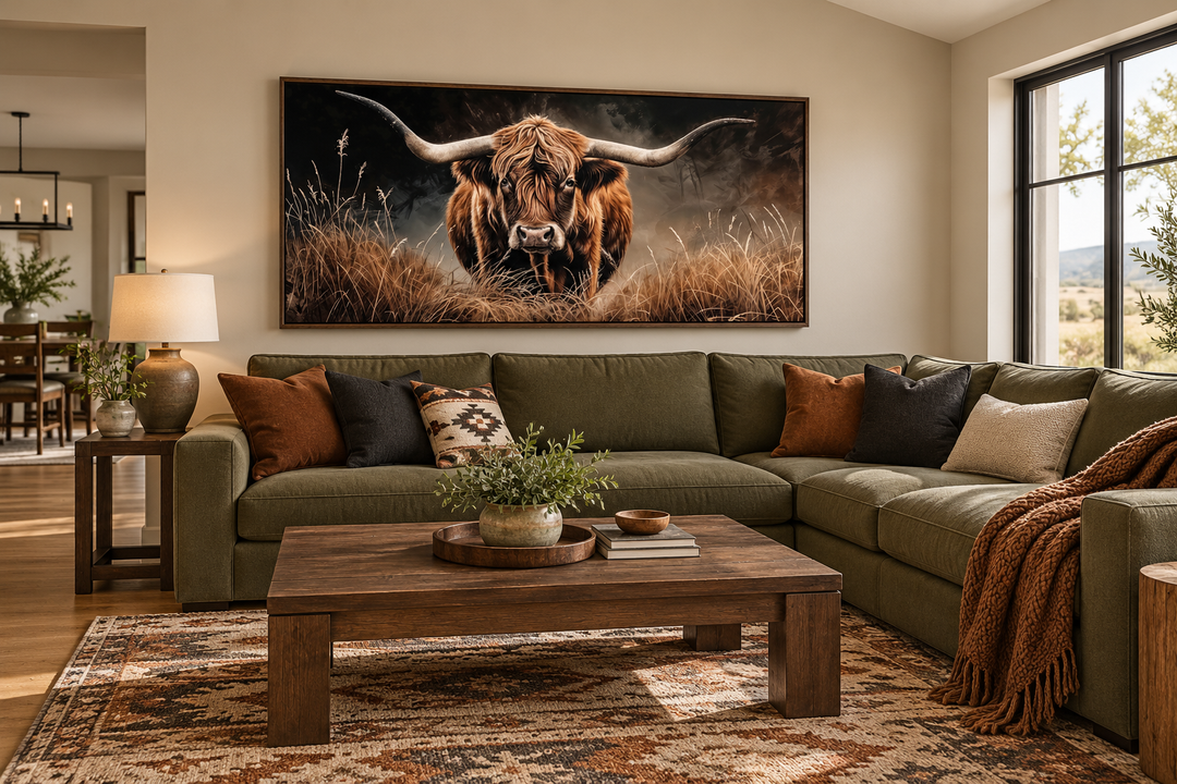 Framed canvas painting of a shaggy highland cow in a rustic living room above a green sofa.