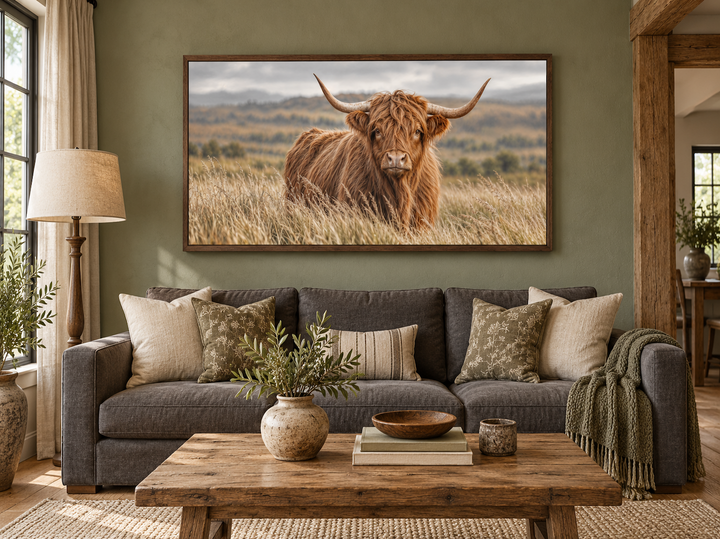 Highland cow photography framed canvas wall art above a sofa in a rustic farmhouse living room.