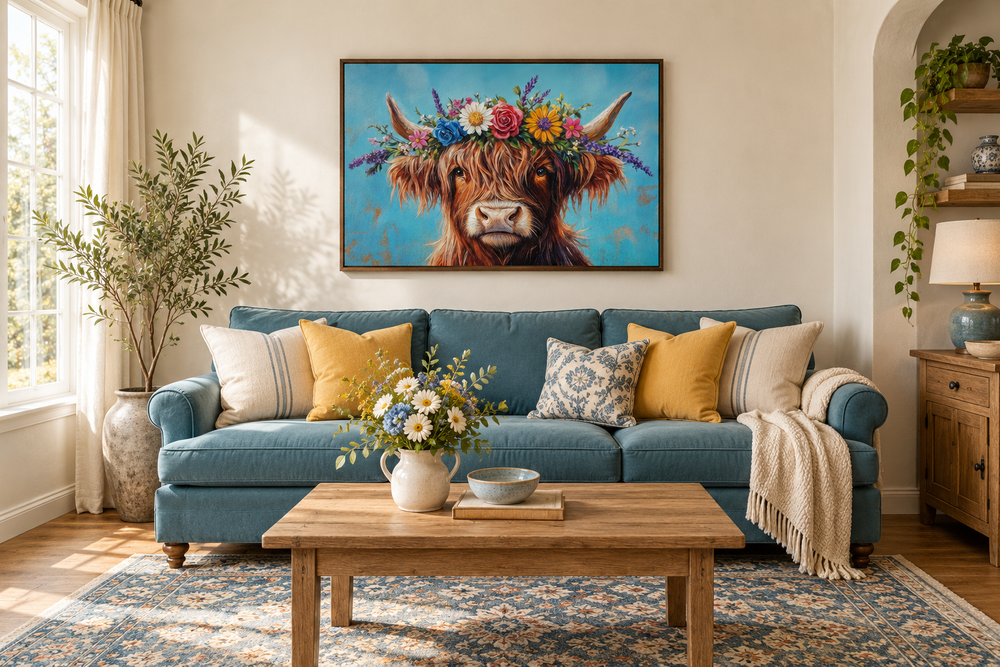 Highland cow with a colorful floral wreath on a teal background, framed canvas wall art.