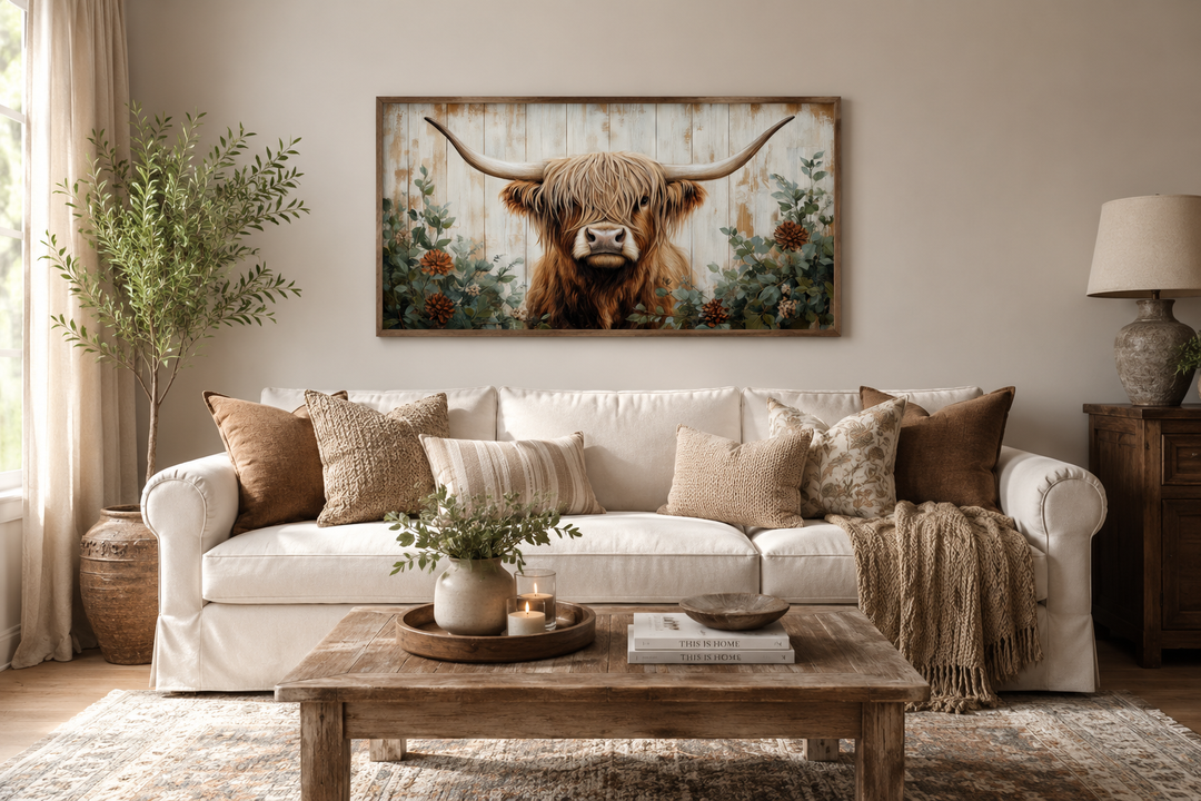 Highland cow with flowers on distressed wood framed canvas wall art in a farmhouse living room.