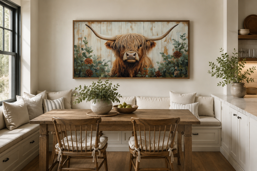 Framed canvas wall art of a Highland cow with flowers on a distressed wood background in a dining room.