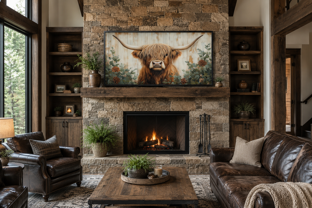 Highland cow with flowers on distressed wood framed canvas wall art above a stone fireplace.