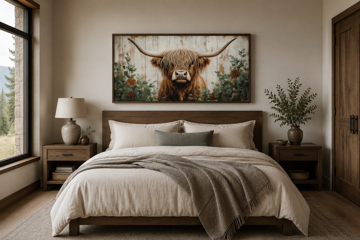 Highland cow with flowers on distressed wood framed canvas wall art above a bed in a rustic room.