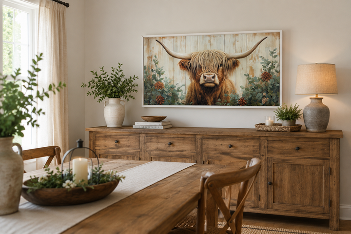 Highland cow with flowers on distressed wood framed canvas wall art in a farmhouse living room.
