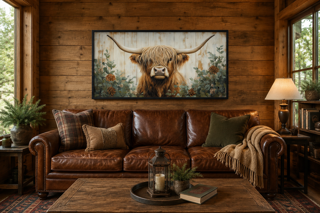 Highland cow with flowers on distressed wood framed canvas wall art in a rustic living room.