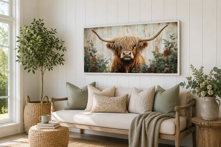 Framed canvas wall art of a Highland cow with flowers on a distressed wood background in a room.