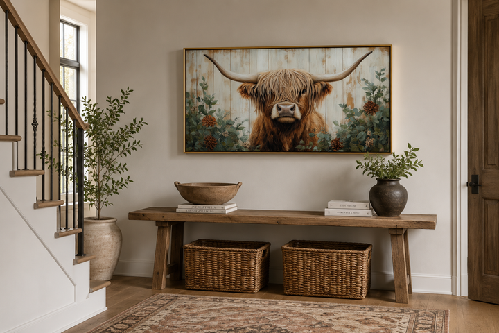 Framed canvas wall art of a Highland cow with flowers on a distressed wood background.