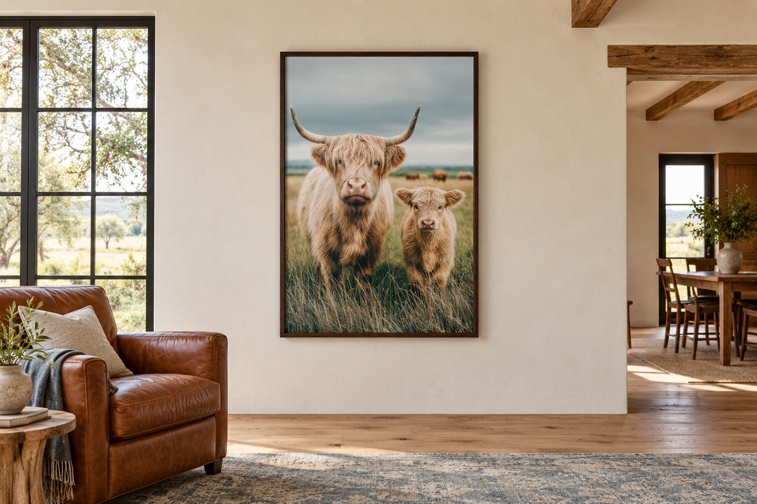 Highland cow and calf photography wall art in a dark wood frame on a neutral living room wall.