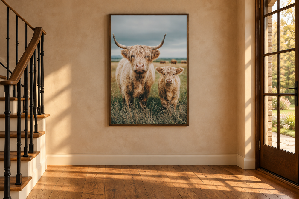 Highland cow and calf photography wall art in a dark wood frame hanging on a neutral wall.