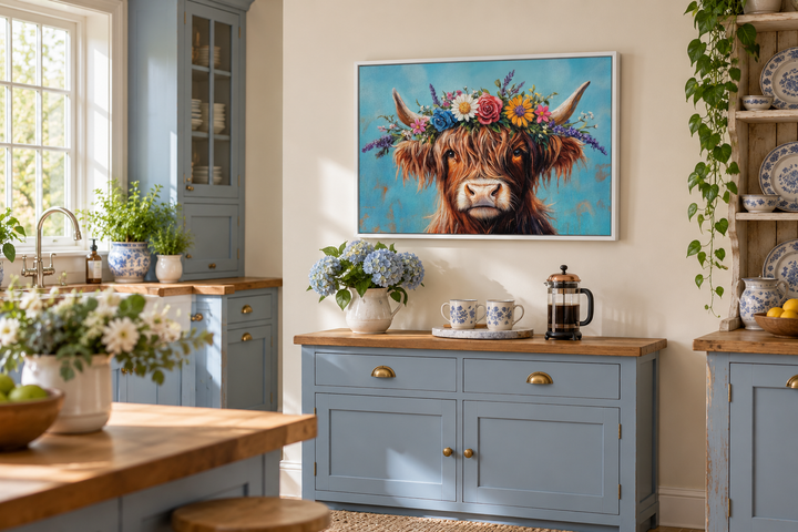 Highland cow canvas wall art with a floral wreath in a blue farmhouse kitchen setting.