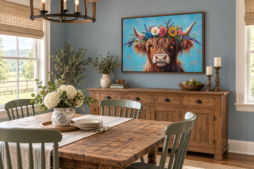 Highland cow canvas wall art with a floral wreath above a wooden sideboard in a dining room.