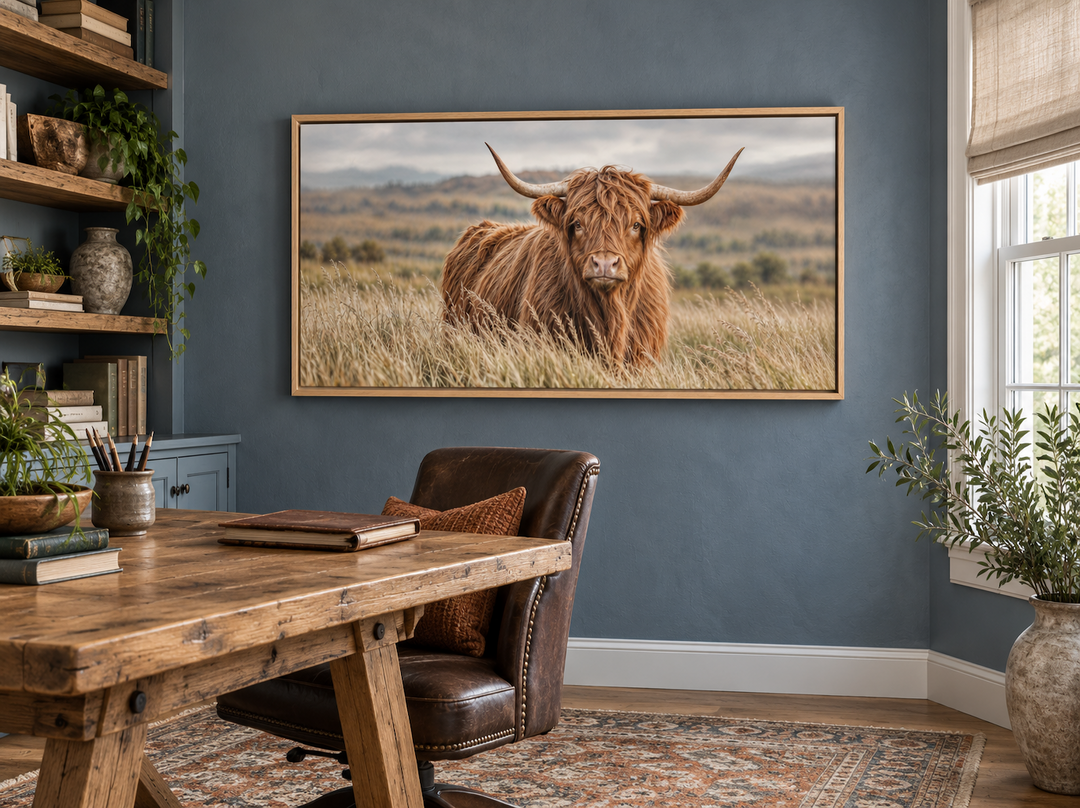 Highland cow in grass field photography framed canvas wall art in a slate-blue office setting.
