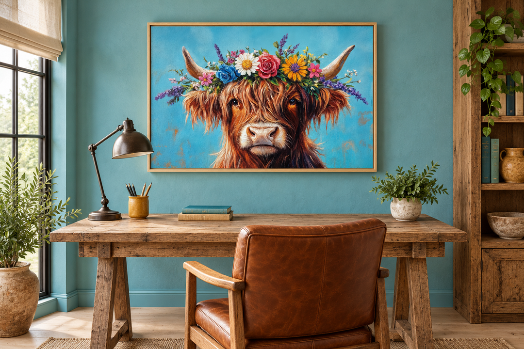 Highland cow canvas wall art with a floral wreath on a turquoise wall above a wooden desk.