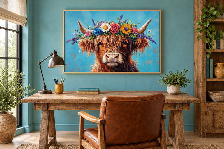 Highland cow canvas wall art with a floral wreath on a turquoise wall above a wooden desk.