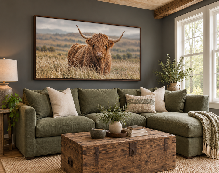 Highland Cow in Grass Field Photography Framed Canvas Wall Art above a green sectional sofa.