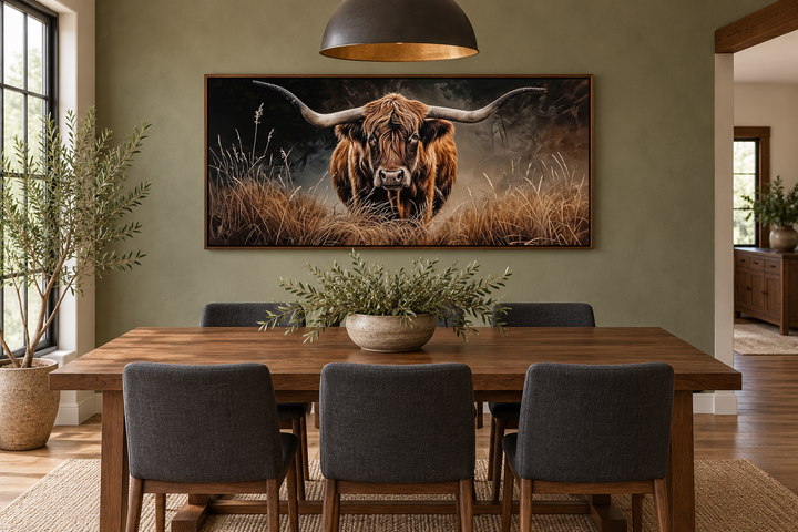 Framed highland cow canvas painting above a wooden dining table in a rustic farmhouse room.