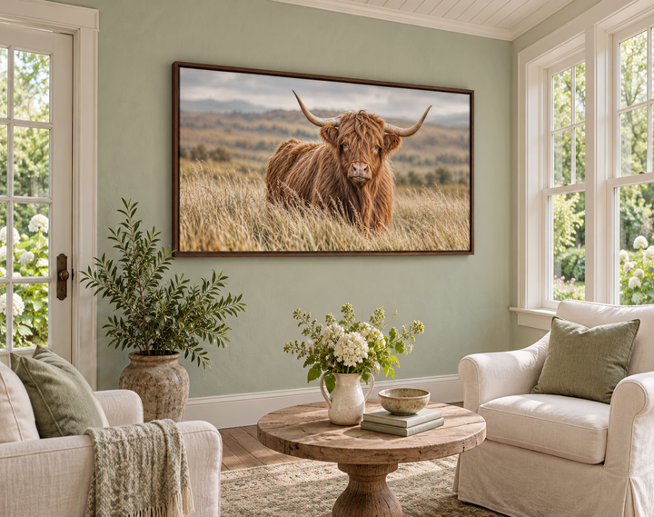 Highland Cow In Grass Field Photography Framed Canvas Wall Art in a rustic living room.