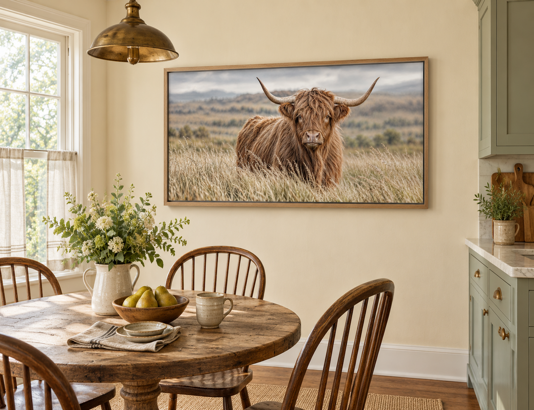 Highland Cow In Grass Field Photography Framed Canvas Wall Art in a rustic dining room.