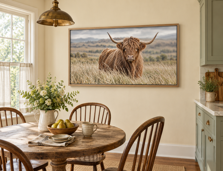 Highland Cow In Grass Field Photography Framed Canvas Wall Art in a rustic dining room.