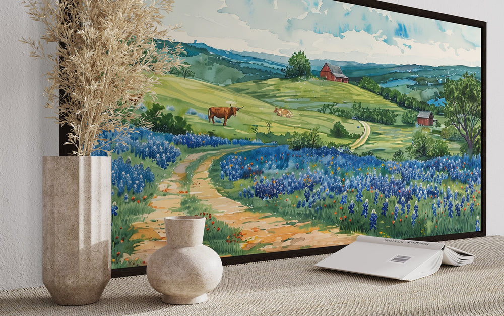 Hill Country Landscape With Longhorn Cows And Bluebonnets Texas Wall Art side view