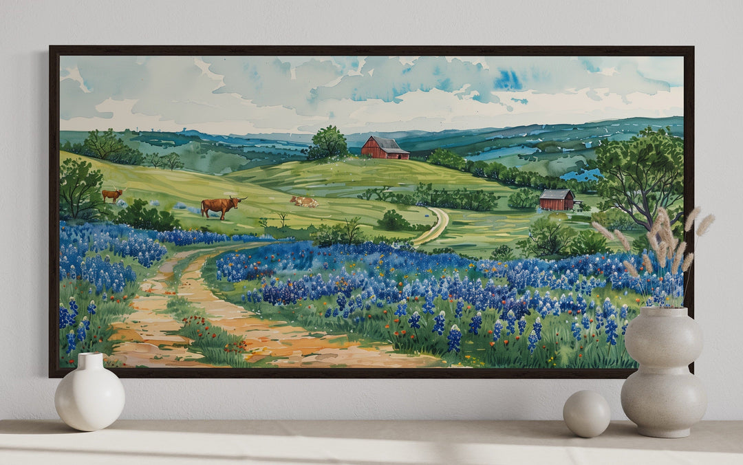 Hill Country Landscape With Longhorn Cows And Bluebonnets Texas Wall Art