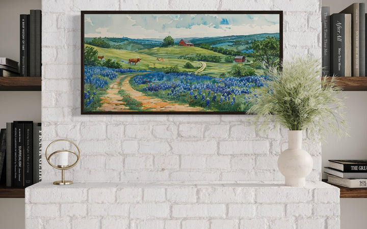 Hill Country Landscape With Longhorn Cows And Bluebonnets Texas Wall Art