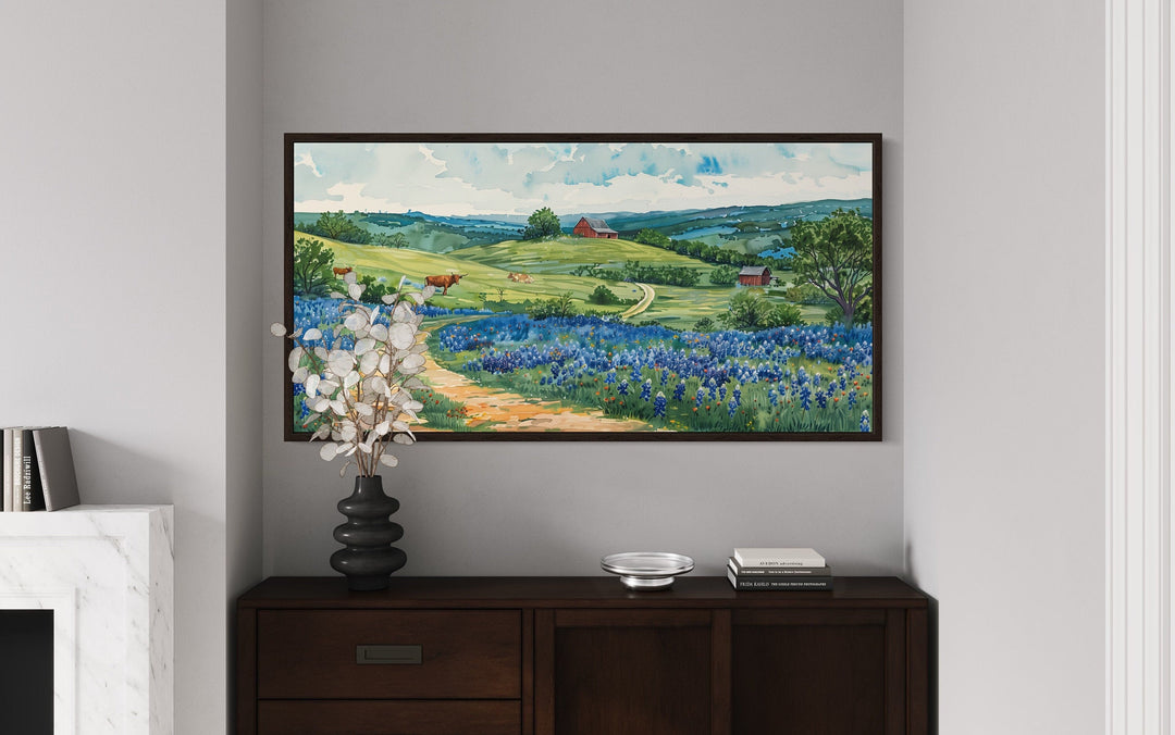 Hill Country Landscape With Longhorn Cows And Bluebonnets Texas Wall Art